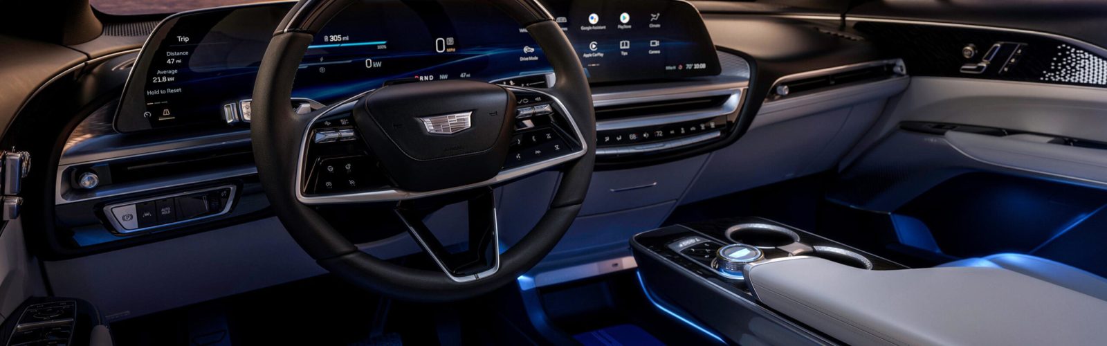 Full view of the dash in the 2023 Cadillac LYRIQ, featuring the 33-inch diagonal advanced LED displayImage shown displays preproduction model. Actual production model will vary.2023 Cadillac LYRIQ Debut Edition available summer 2022, by reservation only. Additional LYRIQ models available starting fall 2022, see dealer for details.